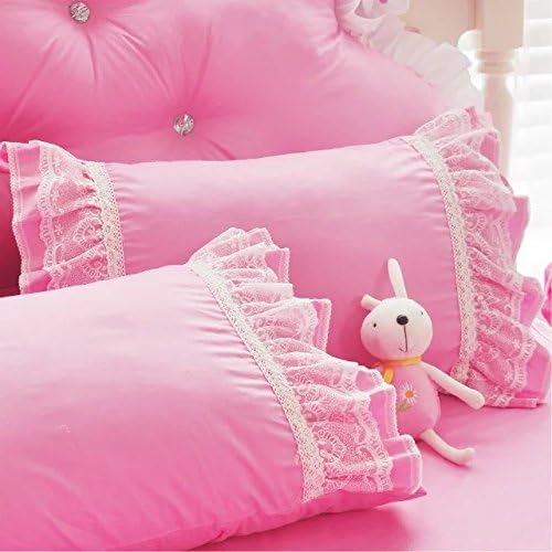 LELVA Shabby Ruffle Duvet Cover Set Full Cotton Chic Wrinkle Girls Bedding Hot Pink 4 Piece Romantic Lace Design Bed Skirt