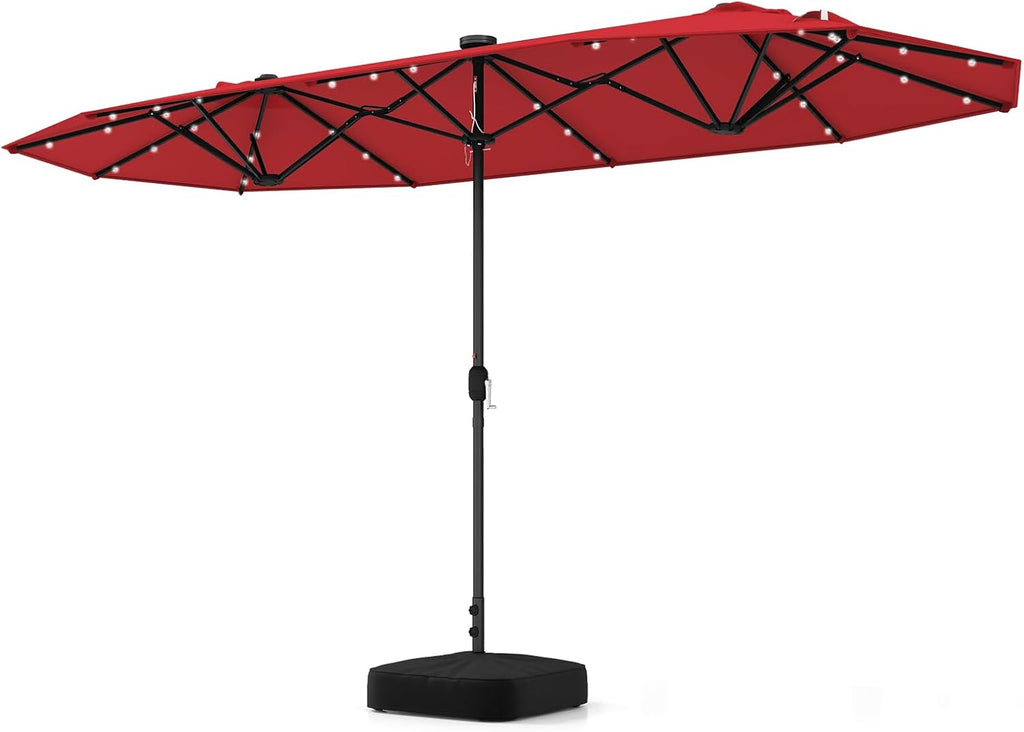 Tangkula 13FT Double-Sided Solar Patio Umbrella, Extra-Large Outdoor Twin Umbrella with 36 LED Lights, Vented Top, Crank Handle, 12 Ribs, Weighted Base Included for Backyard Poolside Deck (Wine)