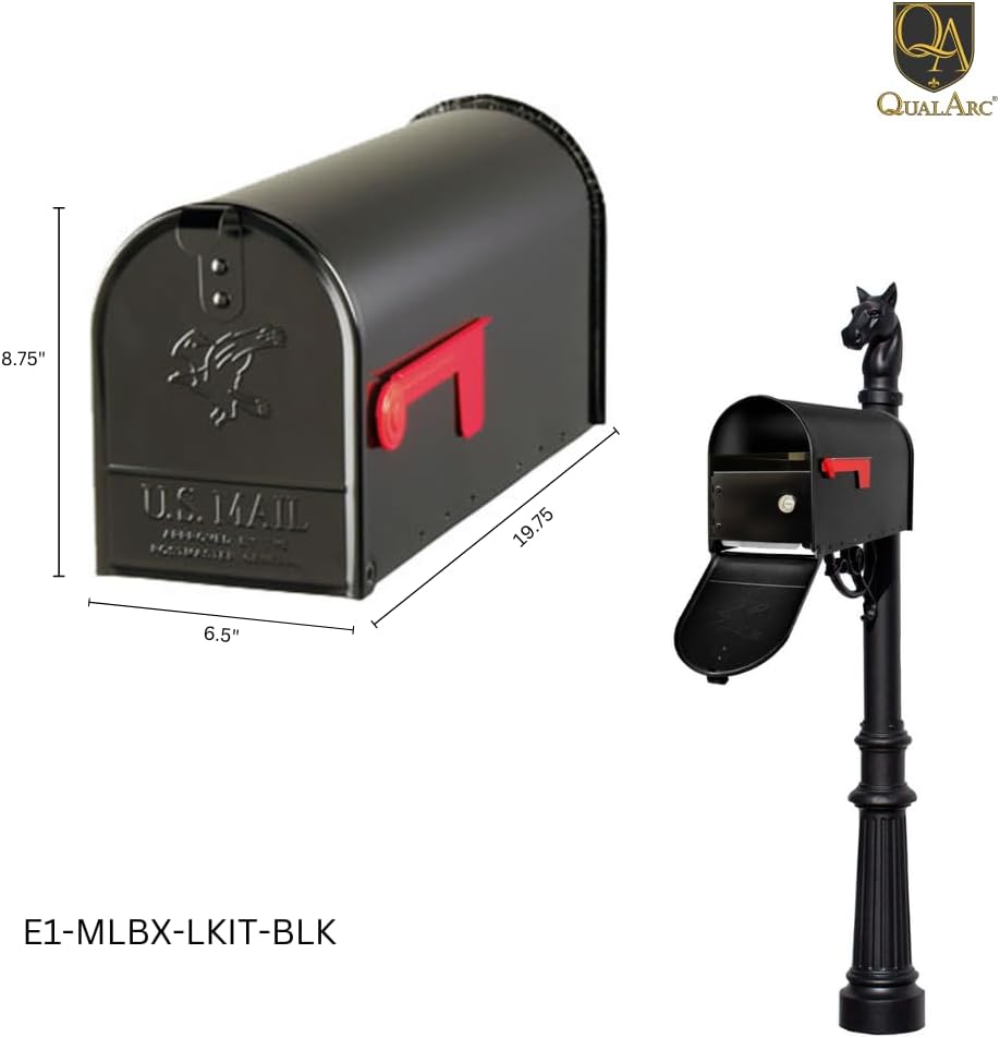 LMPST-E1-LKIT-703-BRZ Lewiston Rust Free Cast Aluminum Locking Mailbox System with Economy Mailbox, Post, Decorative Pineapple Finial & Ornate Base, Black