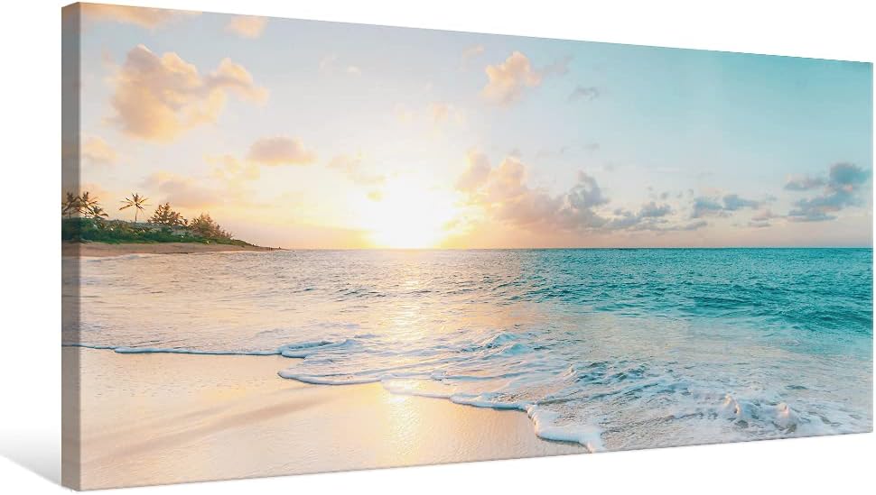 Goldfoilart Large Beach Sunset Canvas Wall Art for Living Room Blue Sea Prints Romantic Ocean Waves Pictures Painting Bedroom Home Office Wall Decor Ready to Hang 24x48Inch