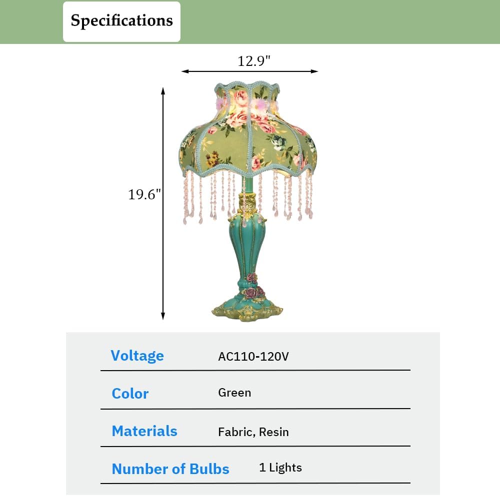 Lovely Table Lamp with Fabric Lampshade, Antique Flower Decorative Bedside Desk Lamp, Handmade Night Light for Bedroom Nightstand (Green)