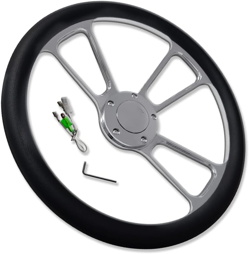 Chrome 14' Billet Aluminum 5 Holes Steering Wheel Split Tri Spoke Style with Black Leather Half Wrap & Horn Button