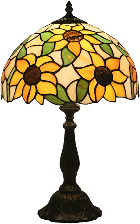 Sunflower Tiffany Style Table Lamp, Elegant Bedside Table Lamp with Stained Glass Shade, Reading Desk Light for Living Room Bedroom Yellow Finish