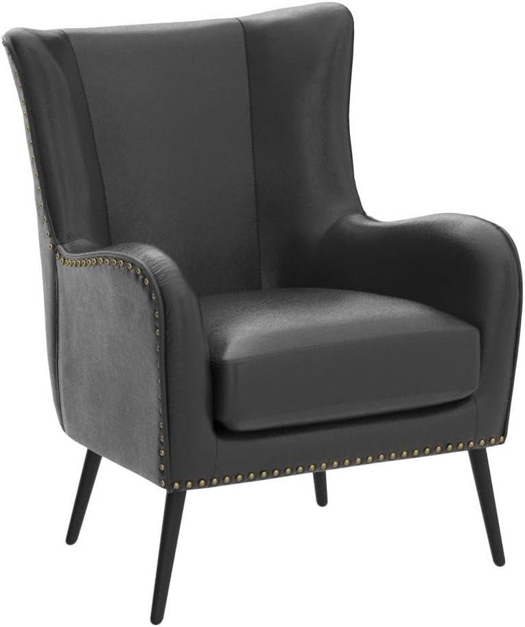 HULALA HOME Faux Leather Accent Chair with Removable Cushion, Comfy Upholstered Armchair with Black Metal Legs & Nailhead Trim Wingback Vanity Chair for Reading Living Room Bedroom, Black