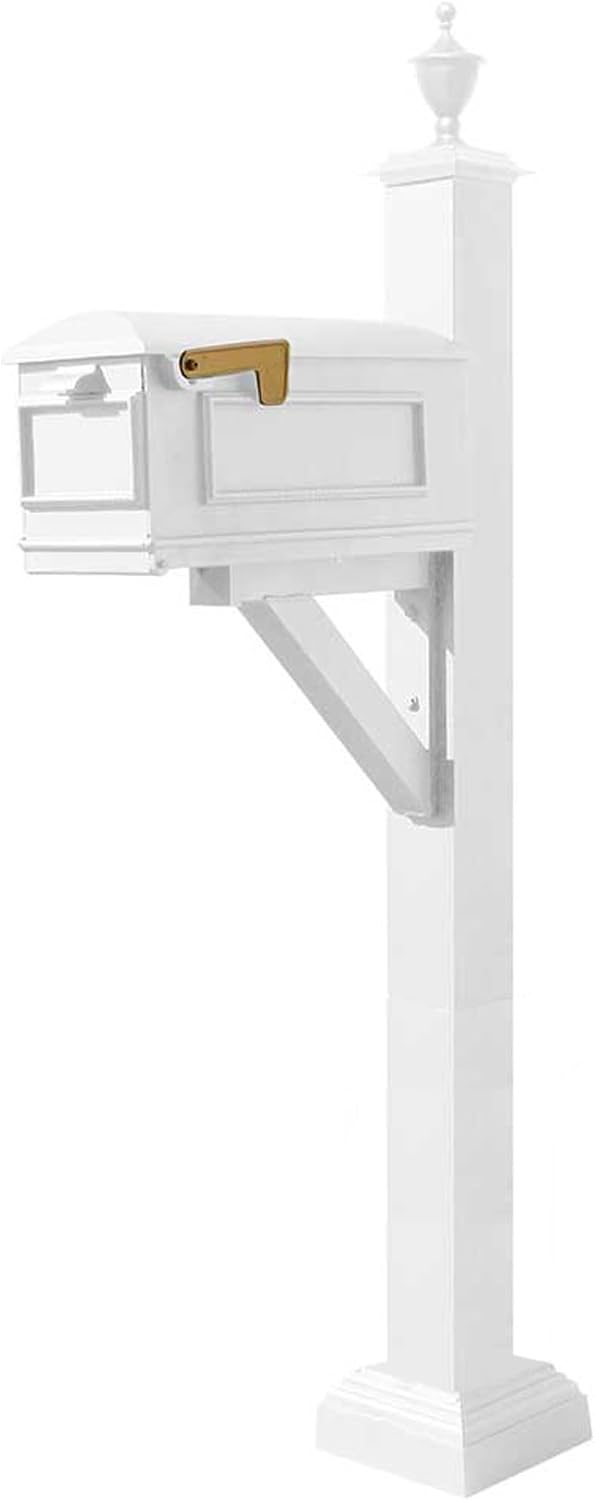 WPD-SC2-S5-LMC-WHT Westhaven Cast Aluminum Post Mount Mailbox System with Lewiston Mailbox, Square Collar and Urn Finial, Ships in 2 Boxes, White