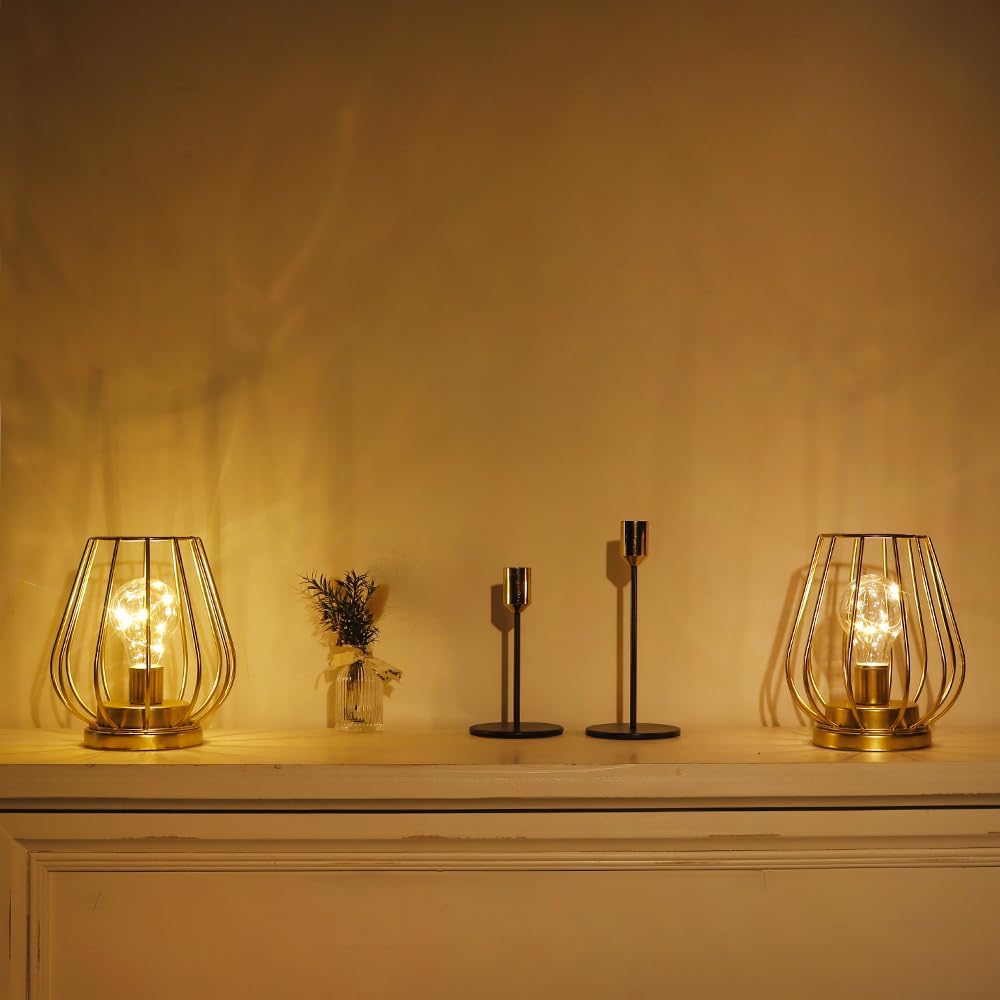TRIROCKS Set of 12 Metal Battery Operated Lamp 7'' Tall Mini Cage Shape Cordless Table Lamp Battery Lanterns with Warm Fairy Lights Bulb for Patio Garden Wedding Parties Indoor Outdoor(Gold)