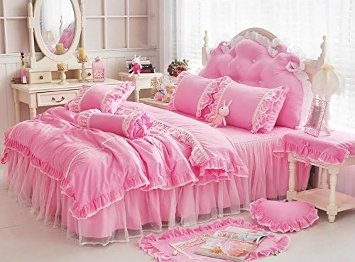 LELVA Shabby Ruffle Duvet Cover Set Queen Cotton Chic Wrinkle Girls Bedding Hot Pink 4 Piece Romantic Lace Design Bed Skirt