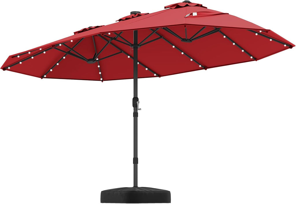 Tangkula 15FT Double-Sided Solar Patio Umbrella, Extra-Large Outdoor Twin Umbrella with 48 LED Lights, Vented Top, Crank Handle, 12 Ribs, Weighted Base Included for Backyard Poolside Deck (Wine)