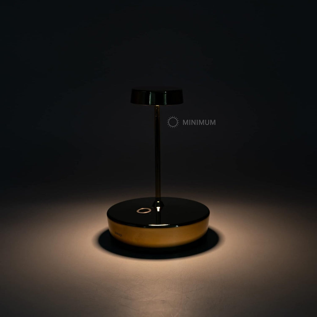 Zafferano, Swap Mini Lamp with Shiny Golden Finish, Rechargeable and Wireless Table Lamp with Touch Control, Suitable for Indoor Use, Dimmer, 2700K, Height 14.8 cm