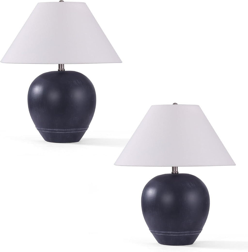 Farmhouse Ceramic Table Lamp Set of 2, 21' Rustic Table Lamp with Linen Shade, 3-Way Dimmable Bedside Nightstand Lamps for Bedroom, Living Room, E26 Socket, Black