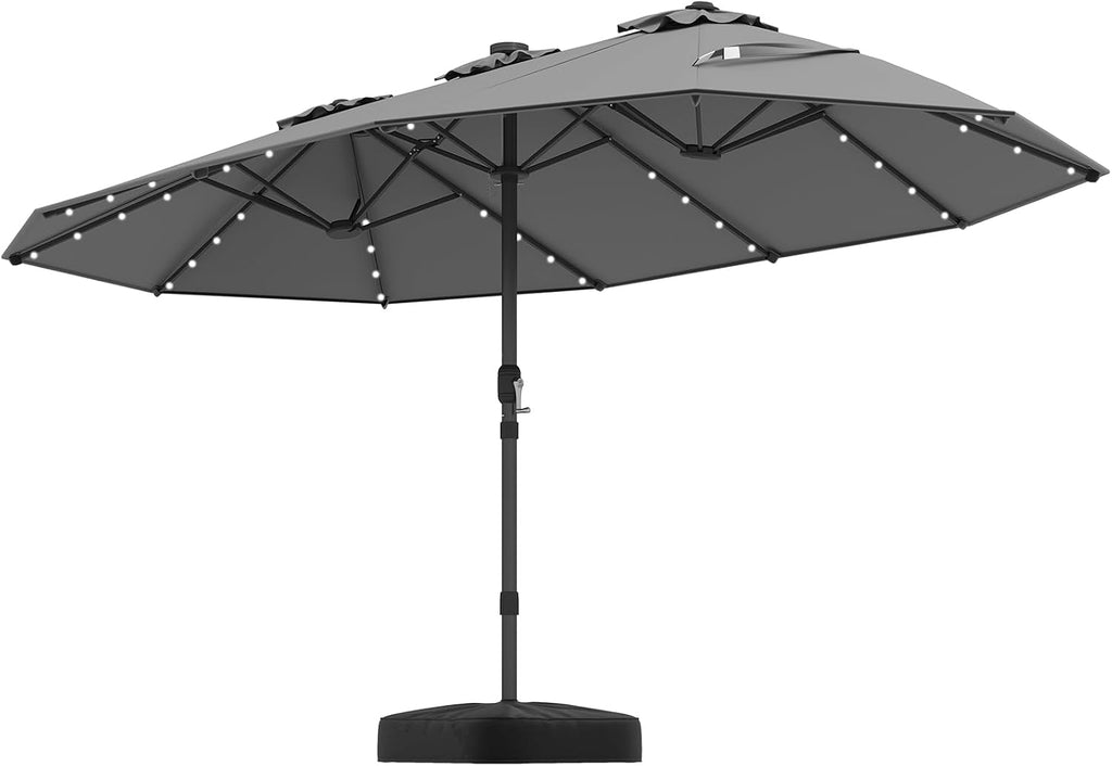 Tangkula 15FT Double-Sided Solar Patio Umbrella, Extra-Large Outdoor Twin Umbrella with 48 LED Lights, Vented Top, Crank Handle, 12 Ribs, Weighted Base Included for Backyard Poolside Deck (Gray)