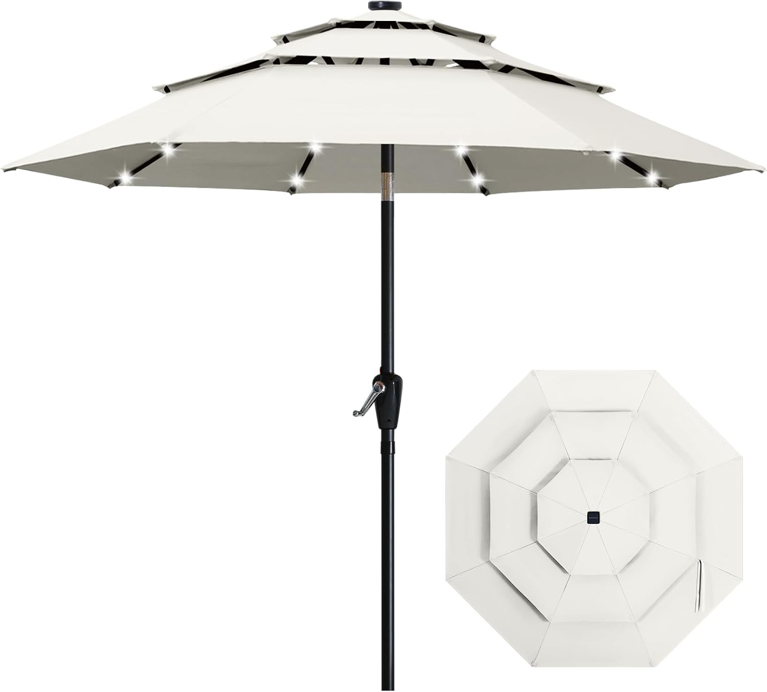 ABCCANOPY 3-Tiers 11FT Solar Patio Umbrella, Outdoor Umbrella with 32 LED Lights for for Deck, Pool, Garden, Backyard (Light Beige)