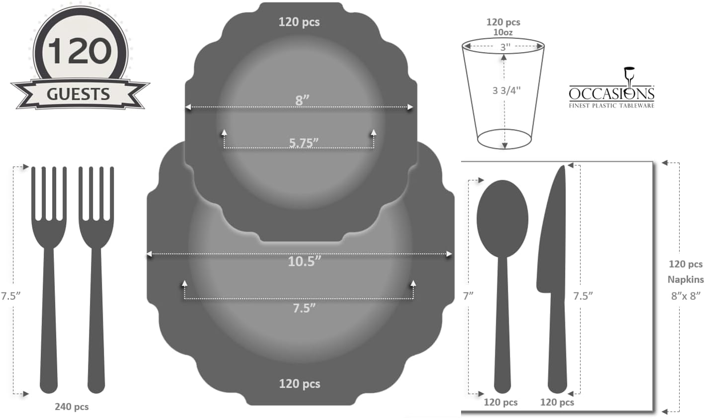 ' OCCASIONS ' 960 Piece set (120 Guests)-Heavyweight Wedding Party Disposable Plastic Plate Set - 120 x 10.5'' + 120 x 8'' + Silverware + Cups + Napkins (Imperial in White & Blue & Gold)