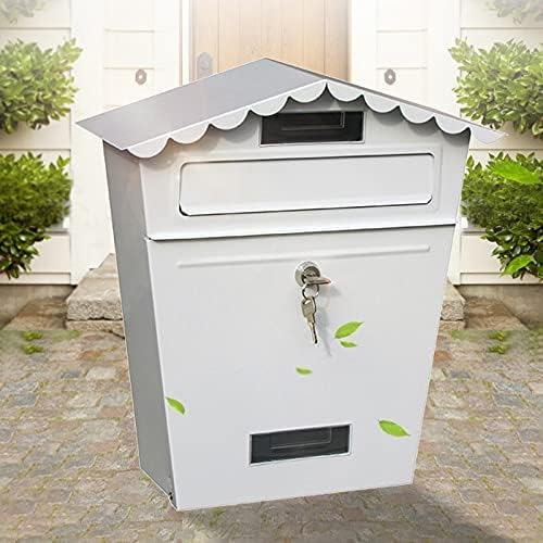 Lockable Secure Mail Letter Post Box Vintage Stainless Steel Metal Mailbox Garden Ornament Retro Wall-Mounted Mailbox Home Decor(Color:White)
