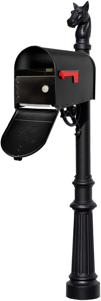 LMPST-E1-LKIT-801-BLK Lewiston Rust Free Cast Aluminum Locking Mailbox System with Economy Mailbox, Post, Decorative Horsehead Finial & Fluted Base, Black