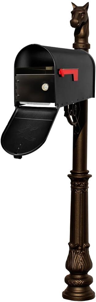 LMPST-E1-LKIT-701-BRZ Lewiston Rust Free Cast Aluminum Locking Mailbox System with Economy Mailbox, Post, Decorative Horsehead Finial & Ornate Base, Bronze