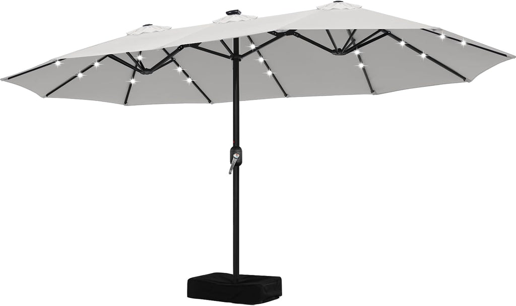ABCCANOPY 15ft Umbrella Outdoor Patio Solar Lights with Base, Outdoor Double-Sided Rectangle Umbrella for Poolside, Lawn, Backyard (Light Gray)