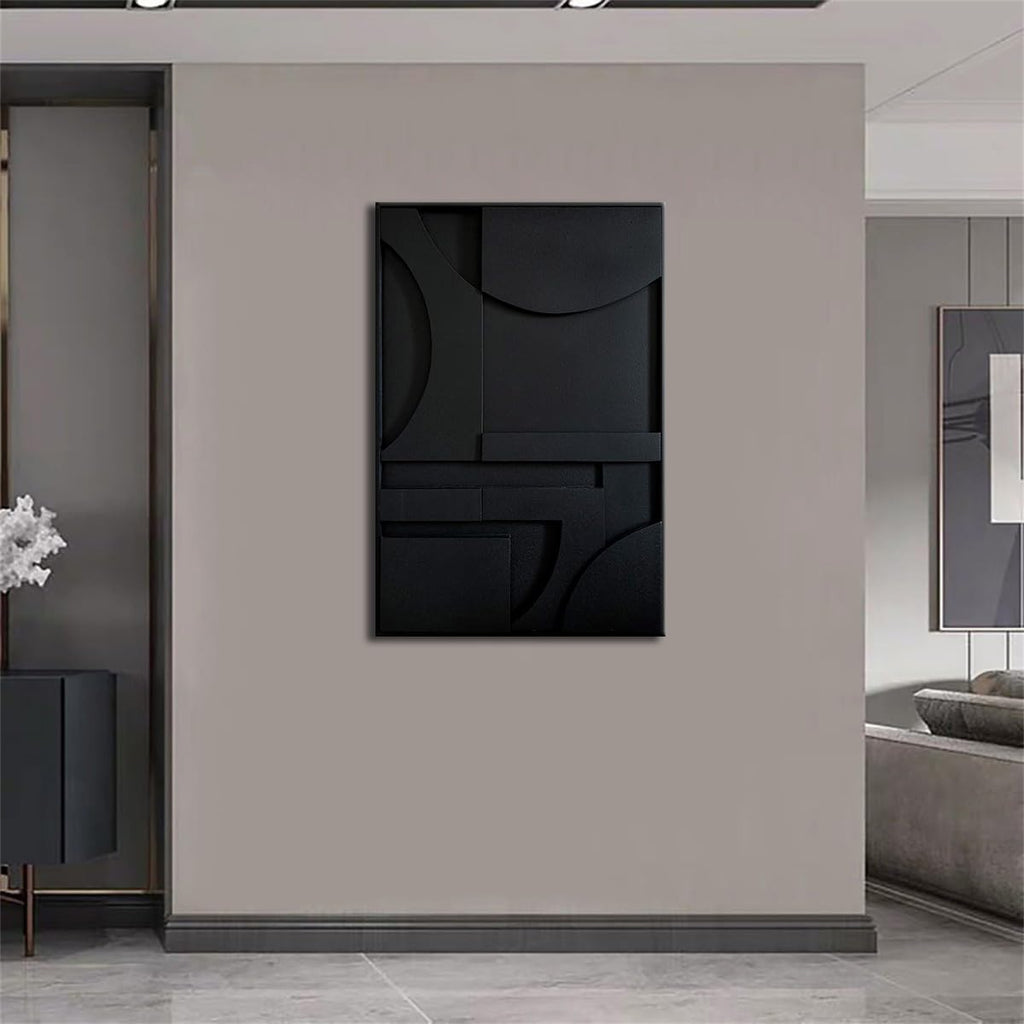 Slyart 3D Black Textured Plaster Wall Art, Handmade Contemporary Art Abstract Geometric Relief Painting, Framed Thick Texture Vertical Wall Art 24x36 Inch