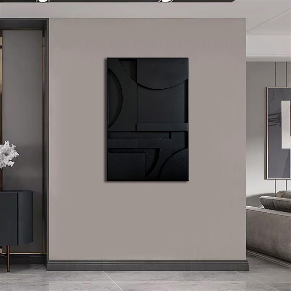 Slyart 3D Black Textured Plaster Wall Art, Handmade Contemporary Art Abstract Geometric Relief Painting, Framed Thick Texture Vertical Wall Art 24x36 Inch