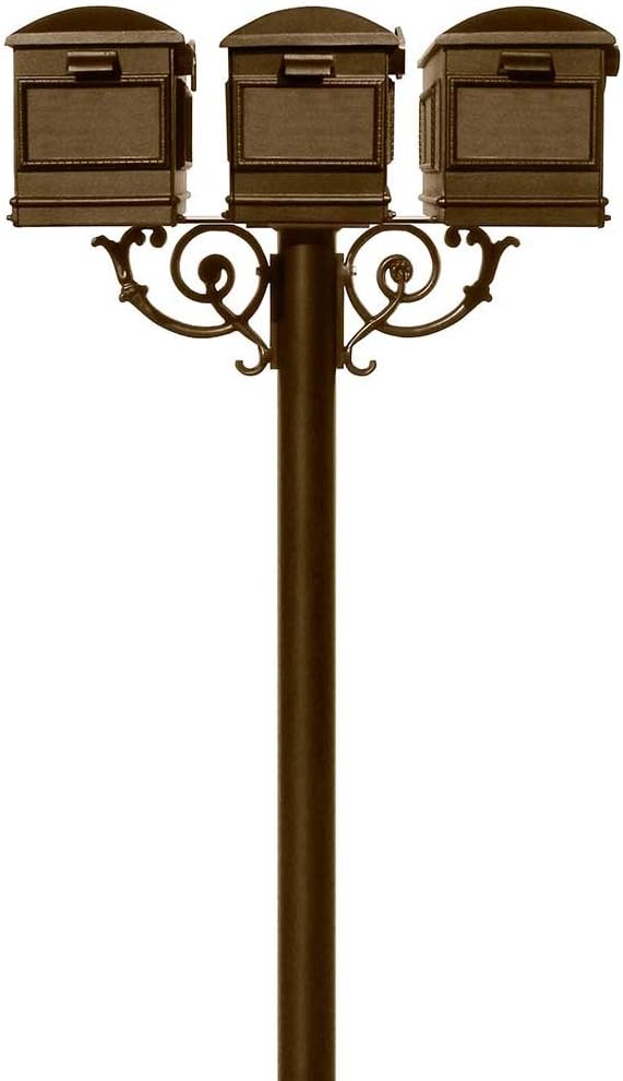 HPWS3-000-LM-BRZ The Hanford Rust Free Cast Aluminum Triple Mailbox Post System, 3 Lewiston Mailboxes, Ships in 2 Boxes, Bronze