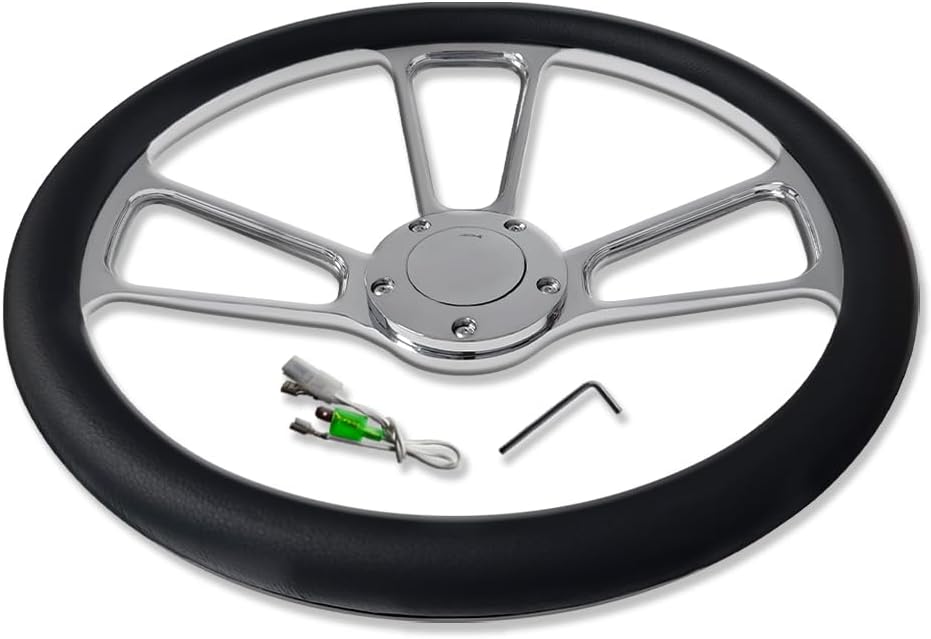 Chrome 14' Billet Aluminum 5 Holes Steering Wheel Split Tri Spoke Style with Black Leather Half Wrap & Horn Button