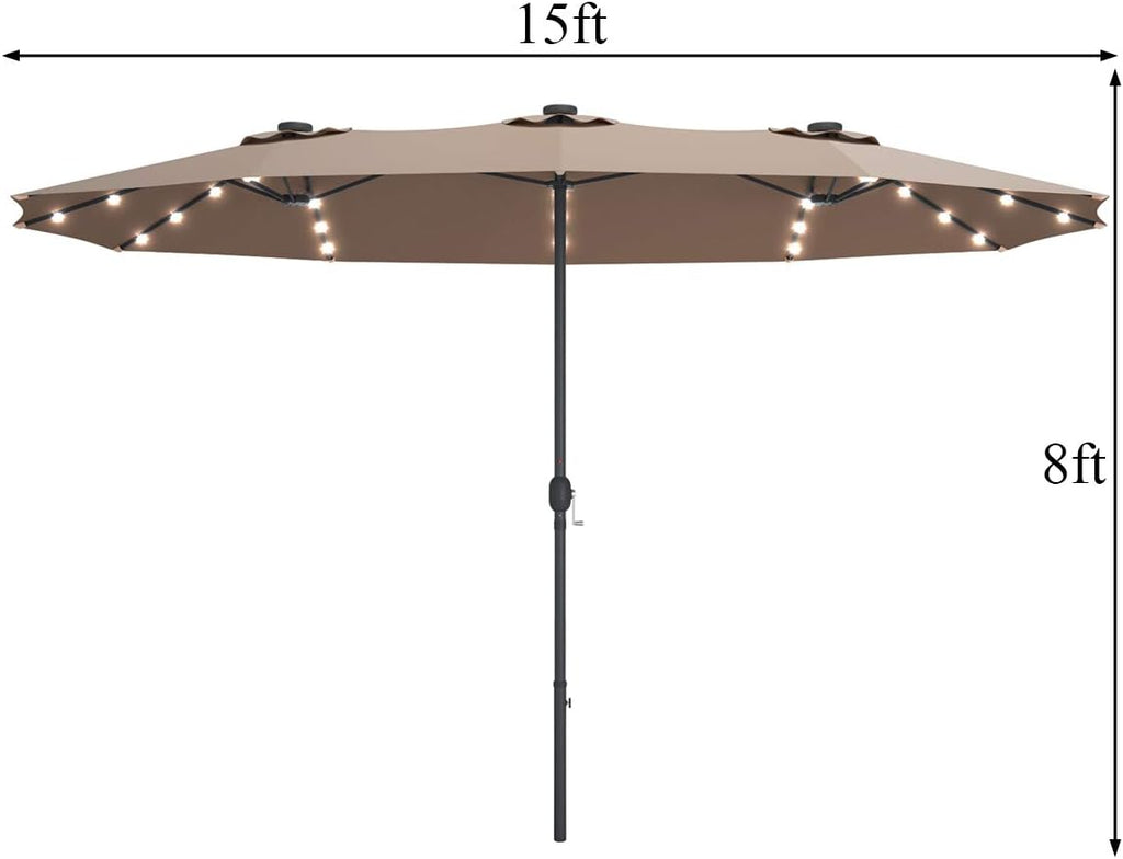 Tangkula 15 Ft Double Sided Patio Umbrella with Solar Lights, Extra Large Rectangle Outdoor Umbrella with 36 LED Lights & Crank Handle for Deck, Poolside, Garden, Backyard (Tan)