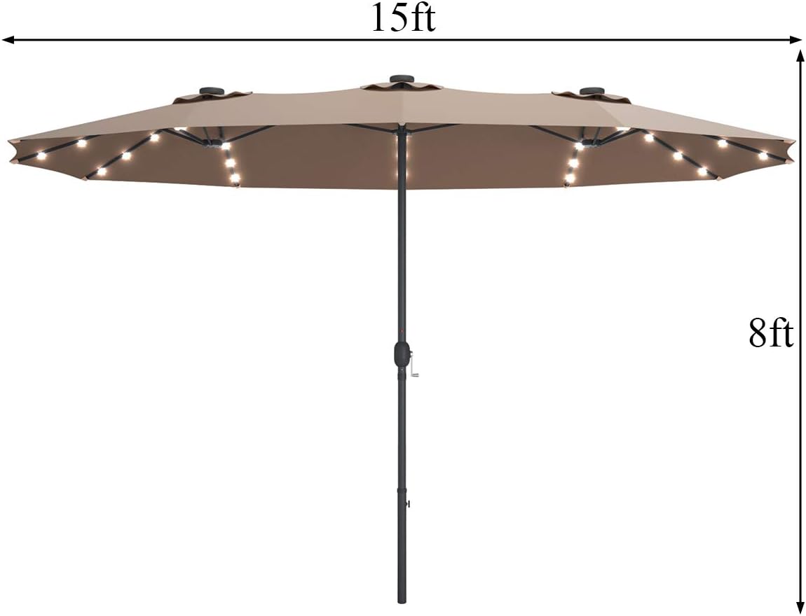 Tangkula 15 Ft Double Sided Patio Umbrella with Solar Lights, Extra Large Rectangle Outdoor Umbrella with 36 LED Lights & Crank Handle for Deck, Poolside, Garden, Backyard (Tan)