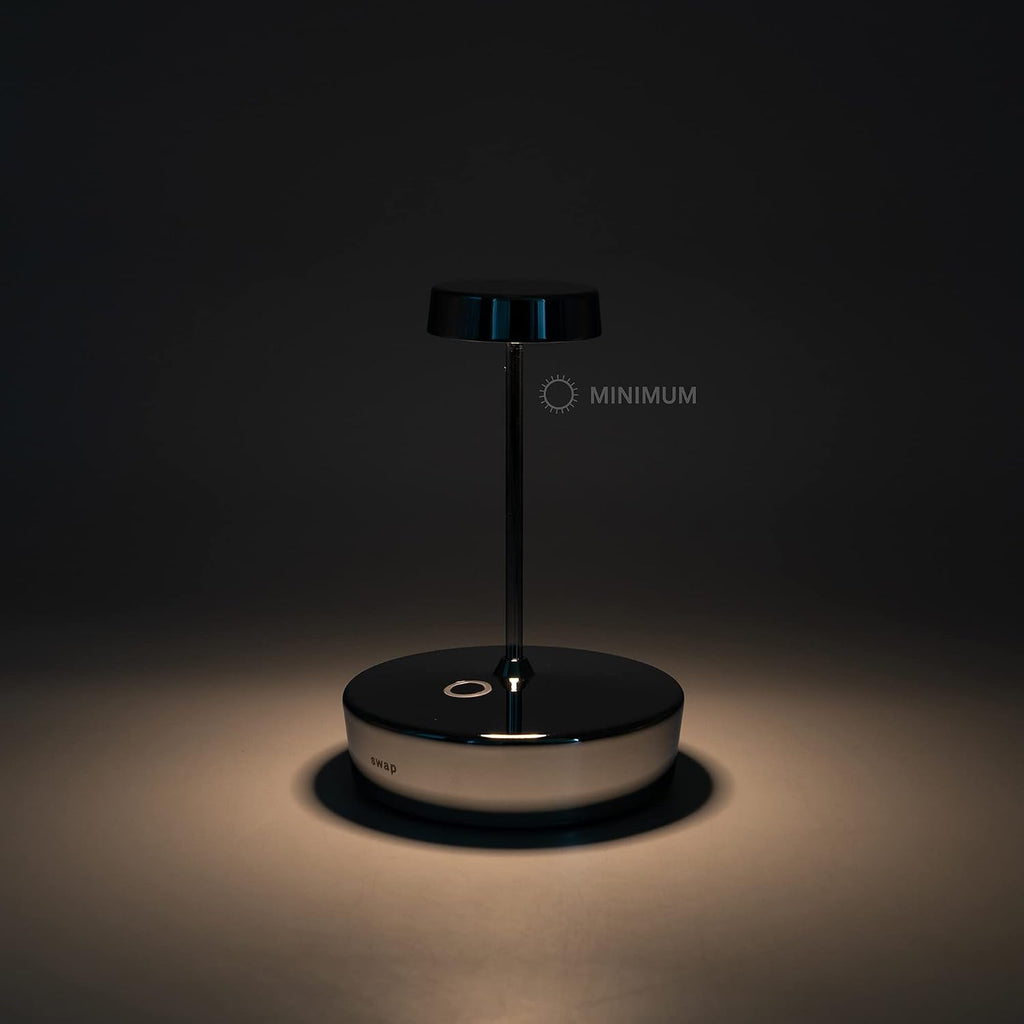 Zafferano, Swap Mini Lamp with Glossy Chrome Finish, Rechargeable Cordless Table Lamp with Touch Controls, Usable as an Indoor Lamp, Dimmer, 2700 K, Height 14.8 cm