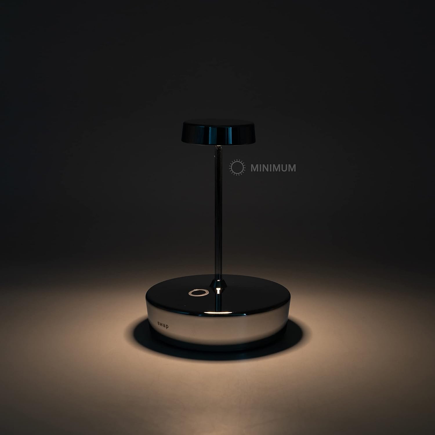 Zafferano, Swap Mini Lamp with Glossy Chrome Finish, Rechargeable Cordless Table Lamp with Touch Controls, Usable as an Indoor Lamp, Dimmer, 2700 K, Height 14.8 cm