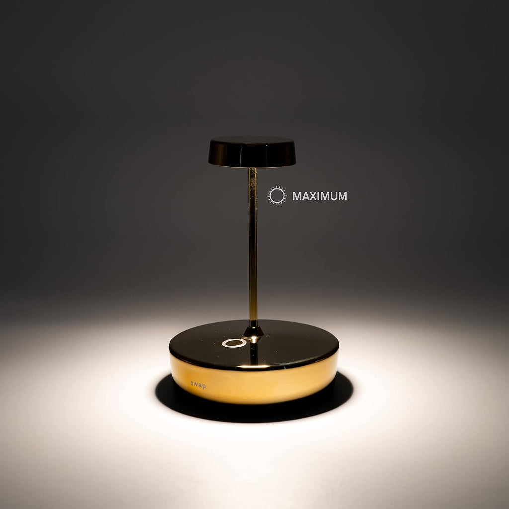 Zafferano, Swap Mini Lamp with Shiny Golden Finish, Rechargeable and Wireless Table Lamp with Touch Control, Suitable for Indoor Use, Dimmer, 2700K, Height 14.8 cm