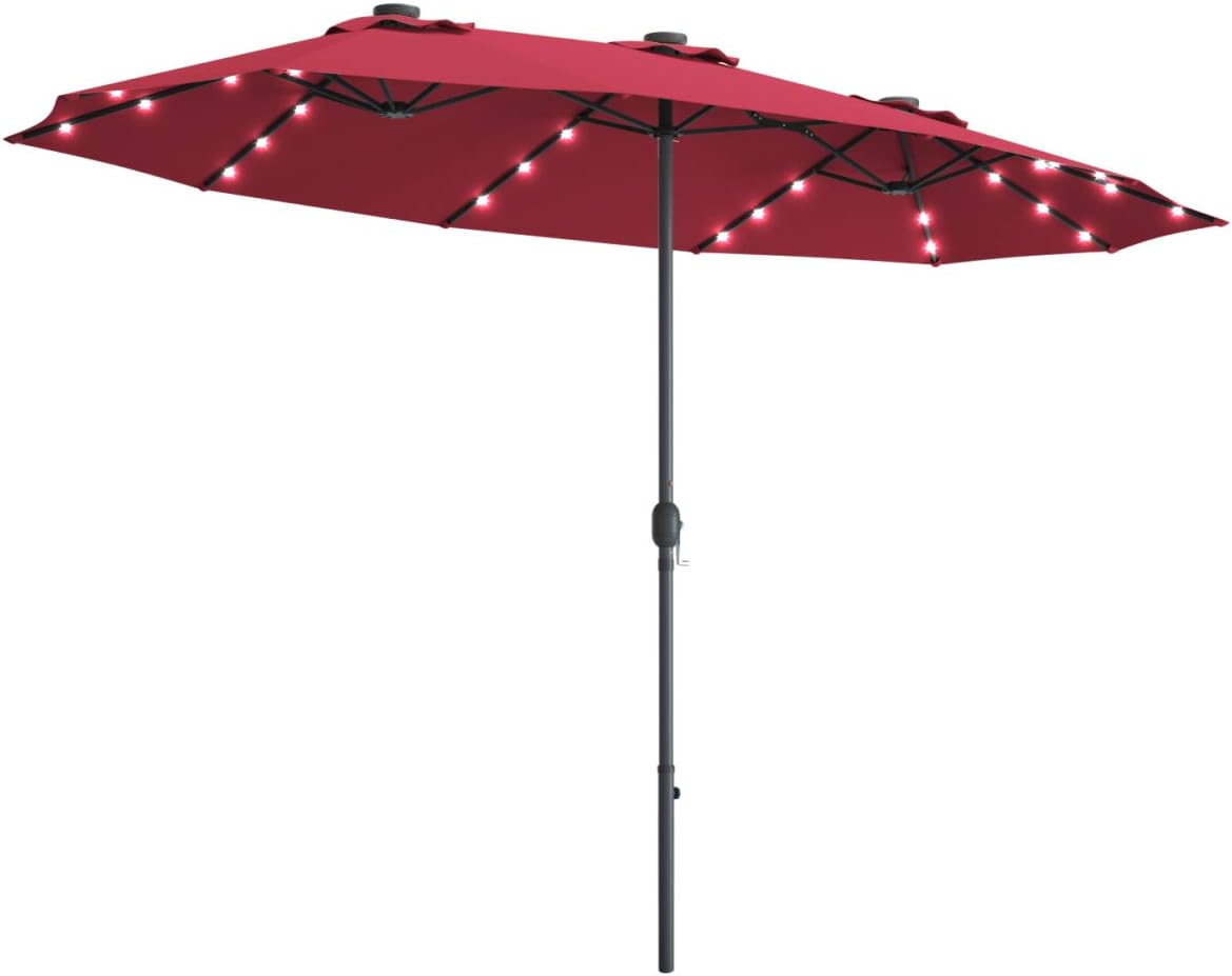 Tangkula 15 Ft Double Sided Patio Umbrella with Solar Lights, Extra Large Rectangle Outdoor Umbrella with 36 LED Lights & Crank Handle for Deck, Poolside, Garden, Backyard (Burgundy)