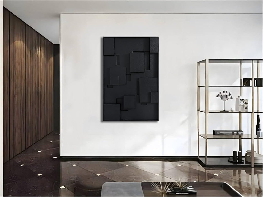 Slyart 3D Black Geometric Textured Plaster Wall Art, Handmade Contemporary Art Abstract Relief Painting, Framed Thick Texture Vertical Wall Art 24x36 Inch