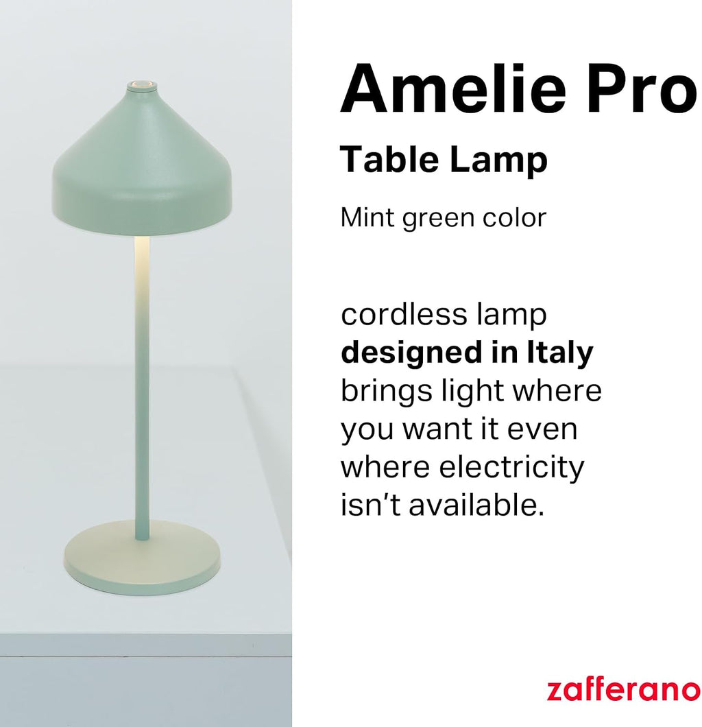 Zafferano, Amelie Pro Lamp, Rechargeable Cordless Table Lamp with Touch Control, Suitable for Indoor and Outdoor, Dimmer, 2200-3000 K, Height 13.4 Inches, Mint Green Color