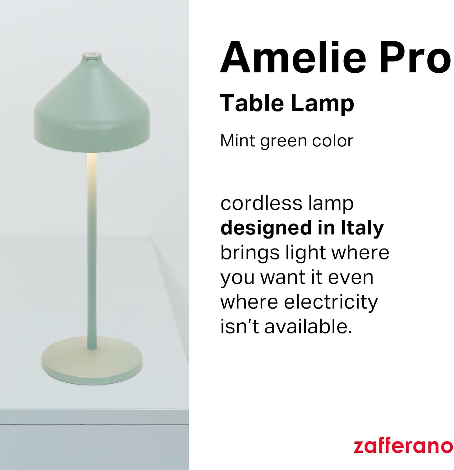 Zafferano, Amelie Pro Lamp, Rechargeable Cordless Table Lamp with Touch Control, Suitable for Indoor and Outdoor, Dimmer, 2200-3000 K, Height 13.4 Inches, Mint Green Color