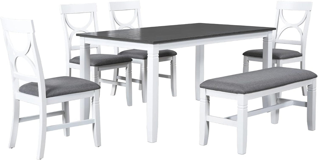 Farmhouse 6-Piece Dining Table Set, Wood Kitchen Dining Room Table Set with Upholstered Bench and 4 Dining Chairs, 60'' Rectangle Dining Table with Decoration Legs, Perfect for Family (White-K)