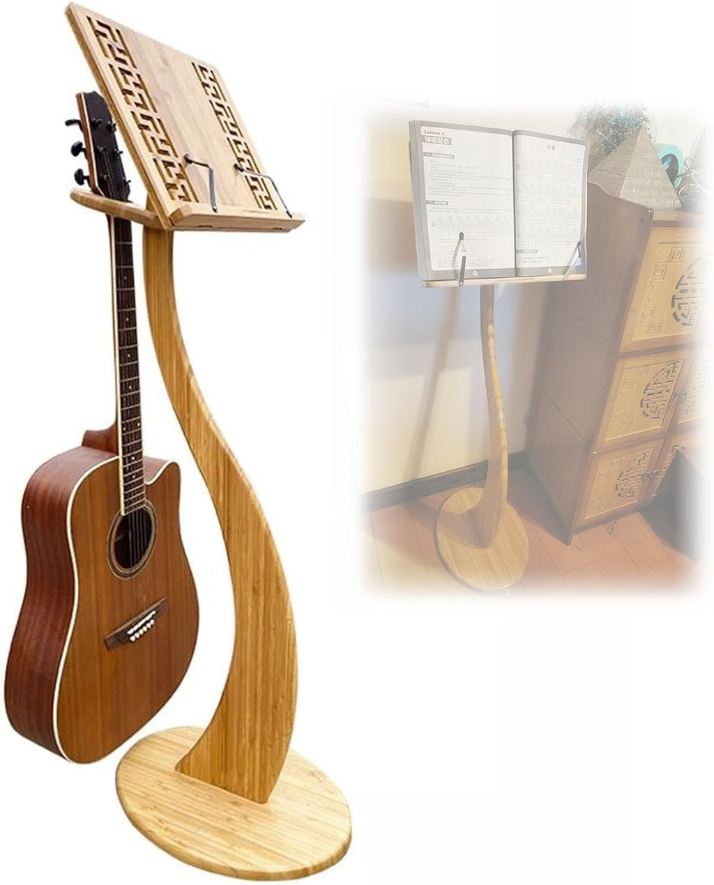 Wooden Sheet Music Stand, Professional Music Book Holder, 2 in 1 Dual Use, Violin Music Stand, Natural Bamboo, Wood Station for Conductors, S-Shaped, Stabilise, Adjustable