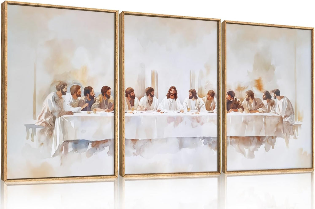 KAIRNE Jesus Last Supper Framed Canvas Wall Art Set, Christian Twelve Apostle Wall Decor, Bible Renaissance wall Painting, Religious Picture Art Print for Living Room, Bedroom, Church-24 x36 x3