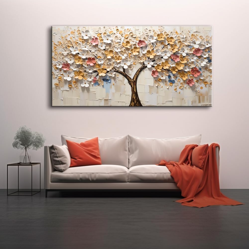 LASMOND Abstract Wall Art Teal Nature Tree of Life Canvas Painting Picture, Modern Large Panoramic Landscape Artwork Framed for Bedroom Living Room Bathroom Office Home Decor (30x60 Inches)