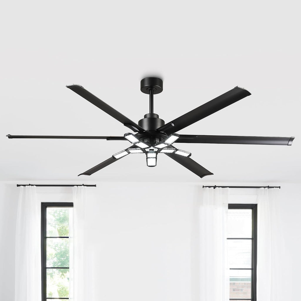 84 Inch Ceiling Fans with Lights and Remote, Industrial High CFM Ceiling Fans for Living Room Shop Garage, 6609LM Super Bright LED, 6 Aluminum Blades, Reversible Quiet DC Motor, Matte Black