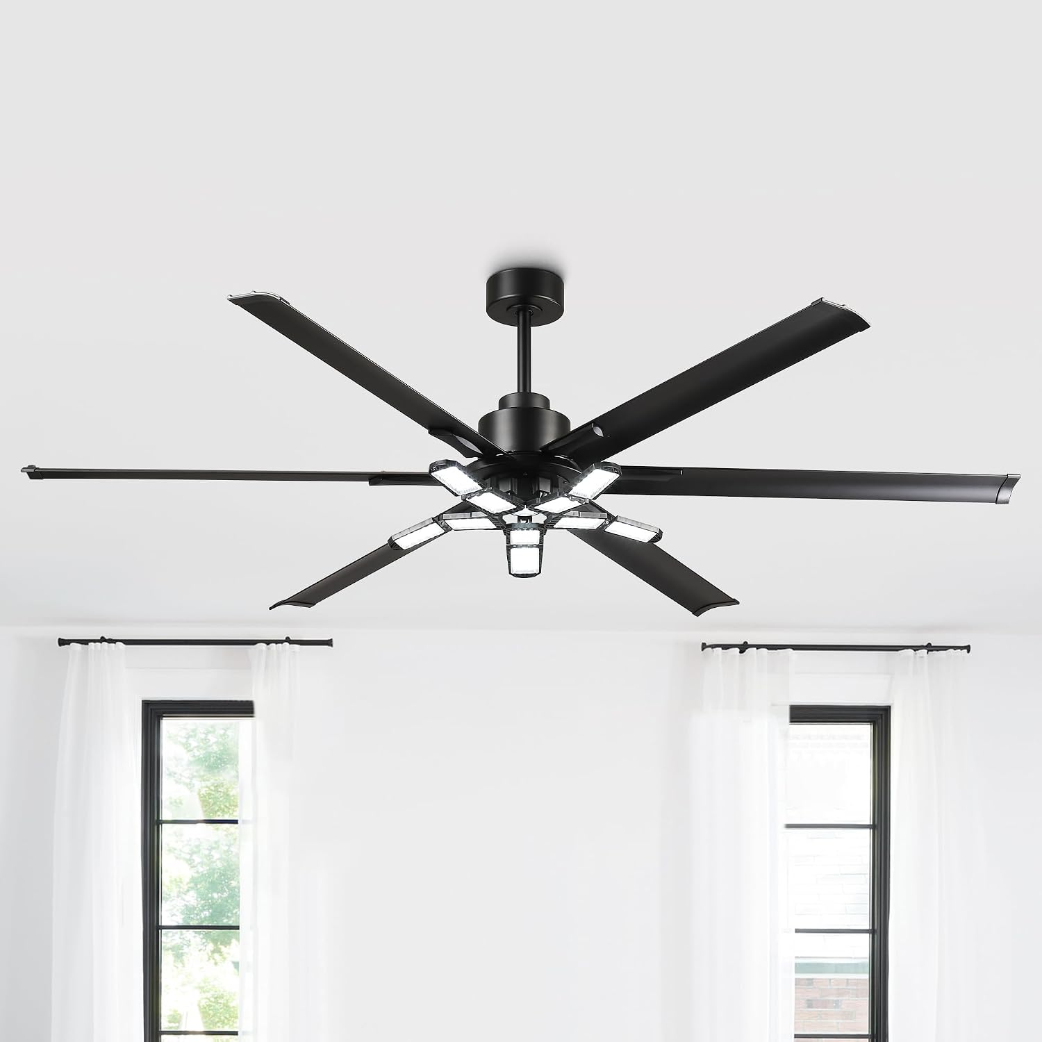 84 Inch Ceiling Fans with Lights and Remote, Industrial High CFM Ceiling Fans for Living Room Shop Garage, 6609LM Super Bright LED, 6 Aluminum Blades, Reversible Quiet DC Motor, Matte Black