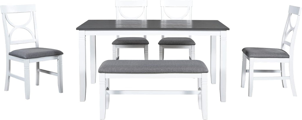 Farmhouse 6-Piece Dining Table Set, Wood Kitchen Dining Room Table Set with Upholstered Bench and 4 Dining Chairs, 60'' Rectangle Dining Table with Decoration Legs, Perfect for Family (White-K)