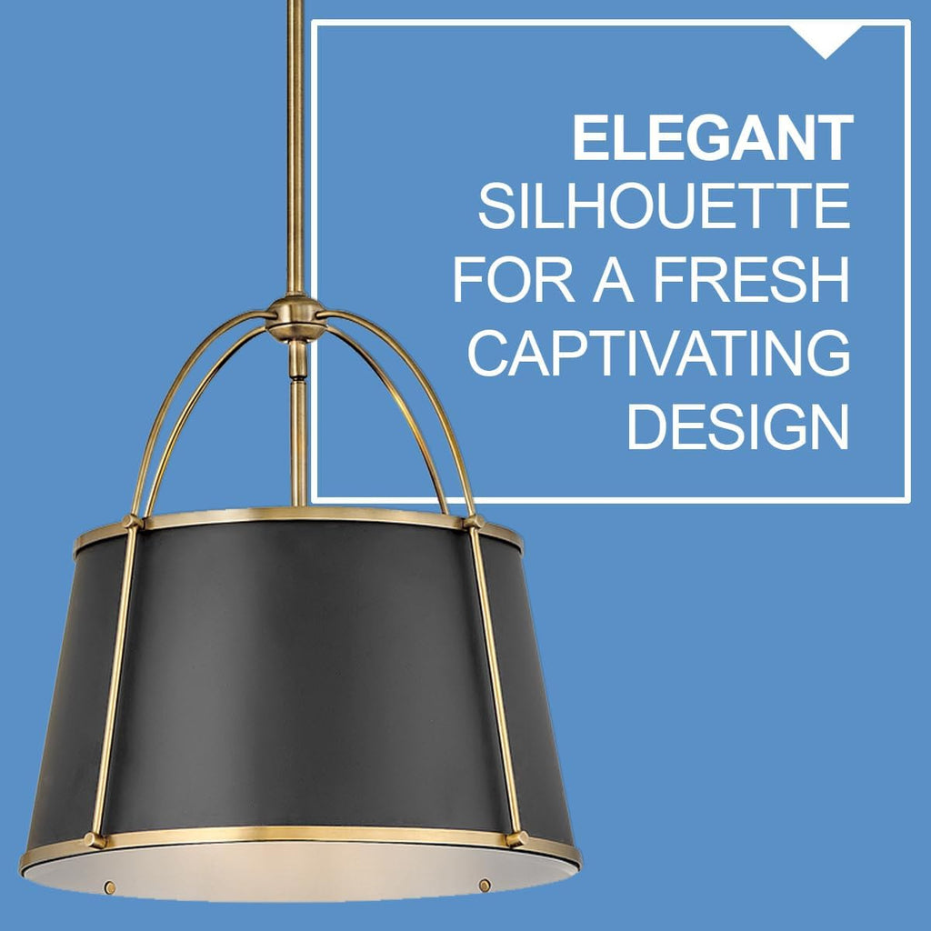 Hinkley Clarke Large Drum Pendant, Black Metal Shade, 1-6' and 2-12' Down Rods, Even or Sloped Ceilings, Warm Brass Finish