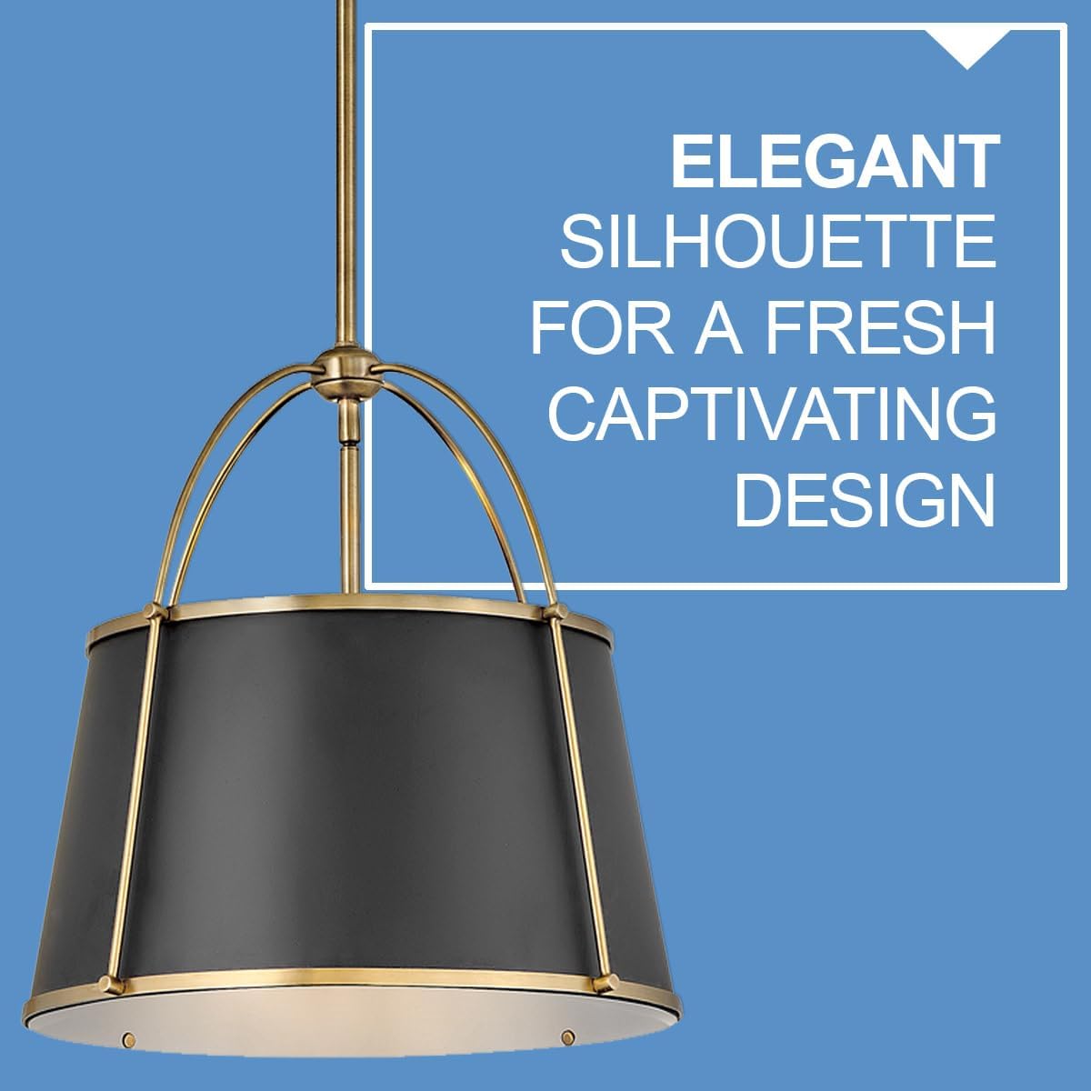Hinkley Clarke Large Drum Pendant, Black Metal Shade, 1-6' and 2-12' Down Rods, Even or Sloped Ceilings, Warm Brass Finish