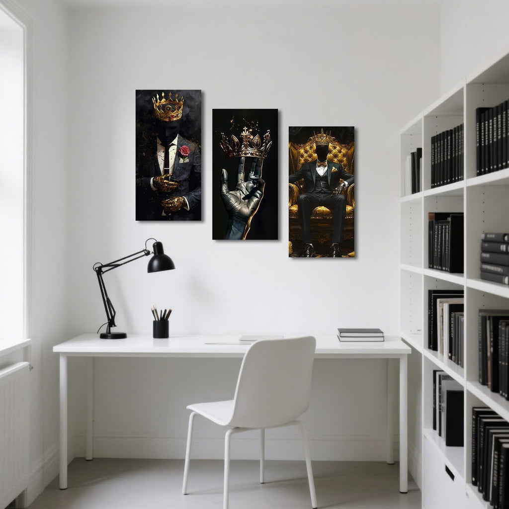 SWQYLB Black Man Canvas Wall Art 3 Pieces African American Pictures Afro King Poster Prints Gold Crown Painting for Men Bedroom Office Decor Framed (Black, 36x18inchx3 Pieces)