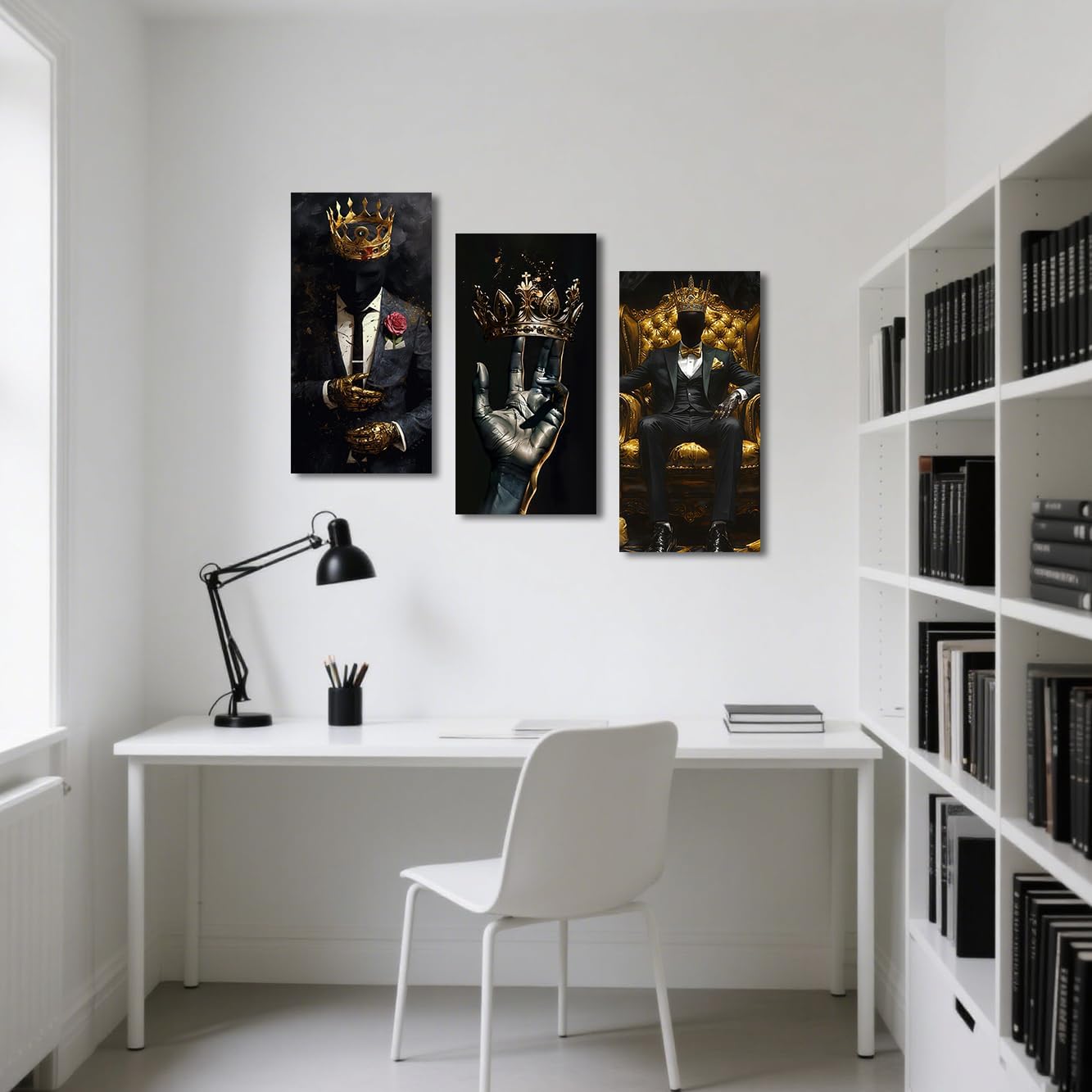 SWQYLB Black Man Canvas Wall Art 3 Pieces African American Pictures Afro King Poster Prints Gold Crown Painting for Men Bedroom Office Decor Framed (Black, 36x18inchx3 Pieces)
