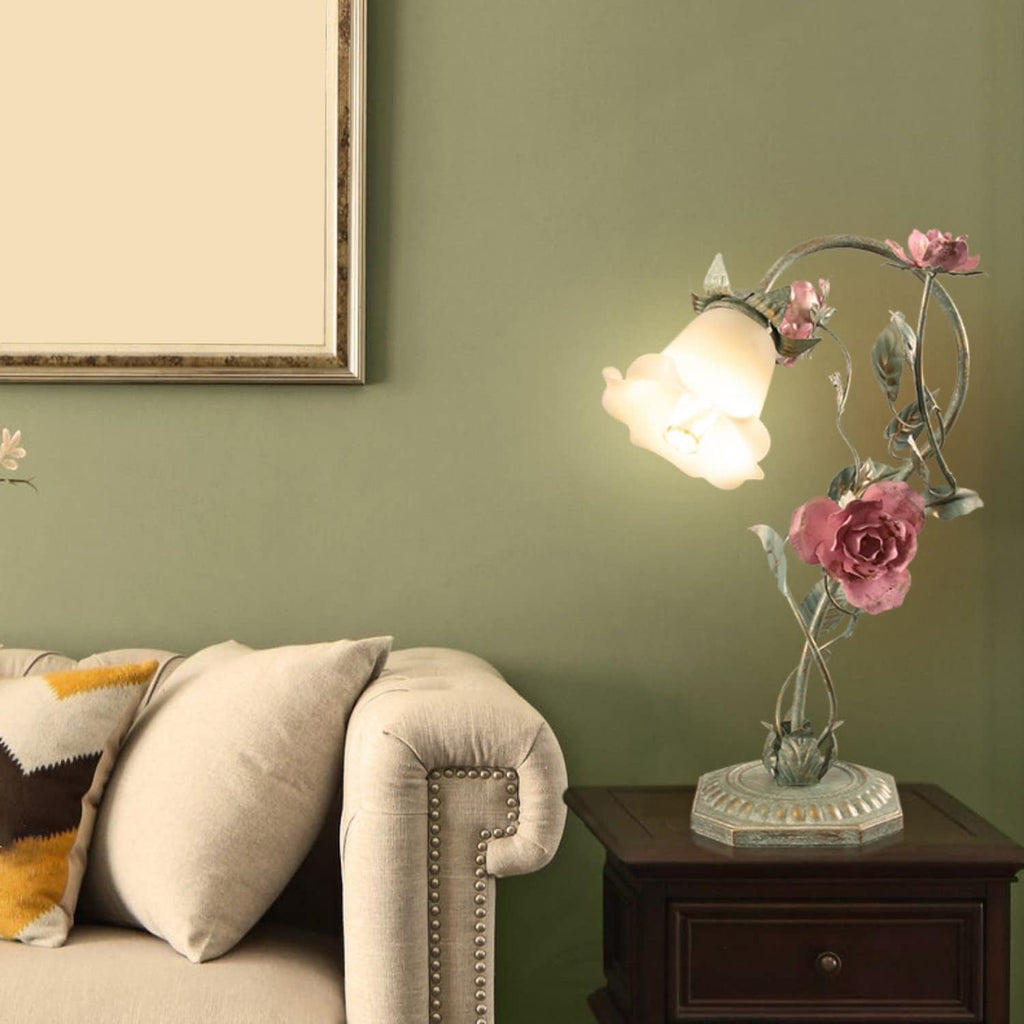 Meefad Floral Table Lamp, Elegant Bedside Nightstand Lamps with Glass Shade, Girls Night Light for Small Desk Bedroom Living Room