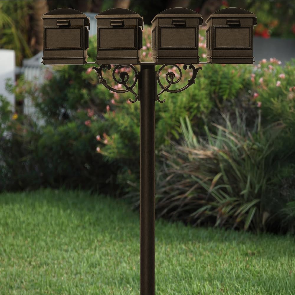 HPWS4-000-LM-BRZ The Hanford Rust Free Cast Aluminum Quad Mailbox Post System, 4 Lewiston Mailboxes, Ships in 3 Boxes, Bronze