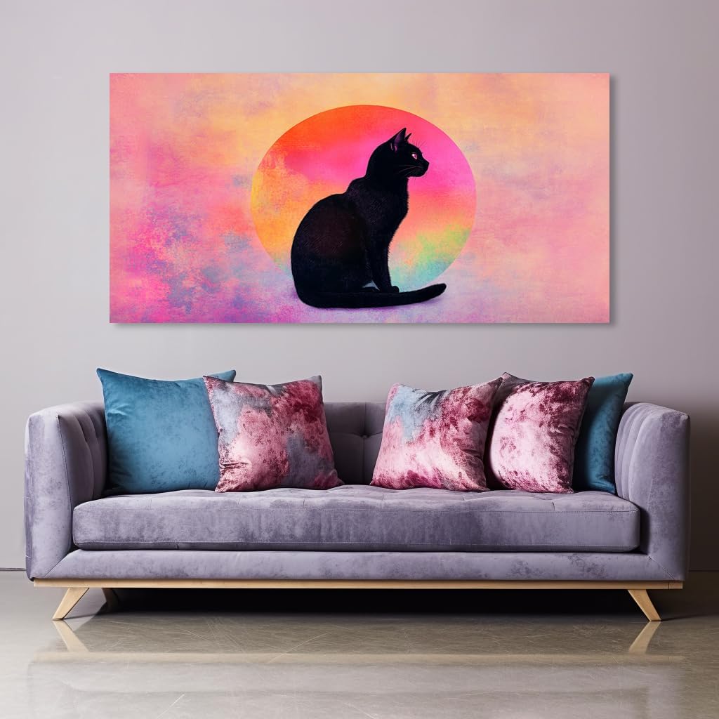 Black Cat Canvas Wall Art - Pink & Purple Sunset Landscape Painting with Silhouette Cat, Cute Retro Cartoon Cat Poster Painting Abstract Animal Wall Décor for Living Room Kid's Girls Bedroom Nursery Ready to Hang 30L x 16W (30x60 Inches)