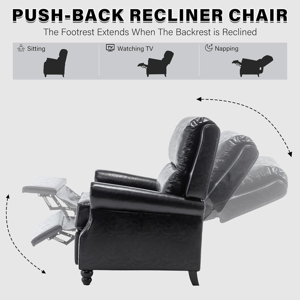 Pushback Recliner Chair, PU Leather Armchair Push Back Accent Chair for Living Room, Rivet Trim Club Chair Home Theater Overstuffed Single Sofa Bedroom Reading Seat - Black