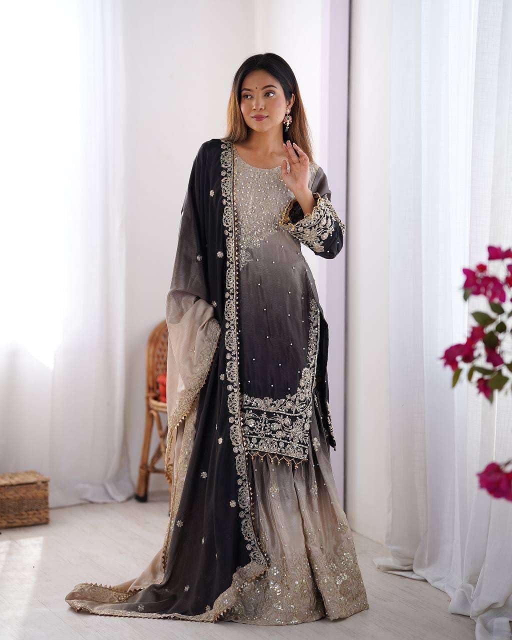 Flora Worlds Women's Chinon Silk Sequence With Rivet Moti Work Straight Kurta With Sharara and Dupatta Set